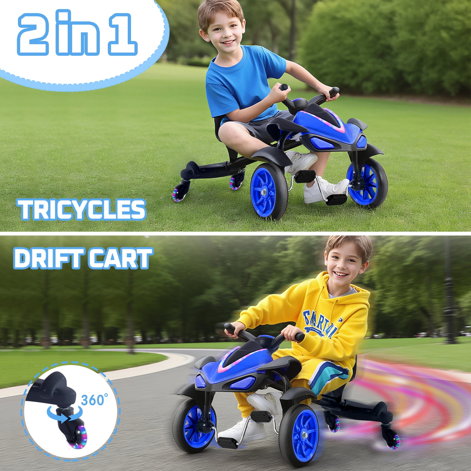 Sumsoltic 2-in-1 Kids Drift Bike - Crazy Drift Cart for Toddlers and 3-5 Years Old Kids，Blue