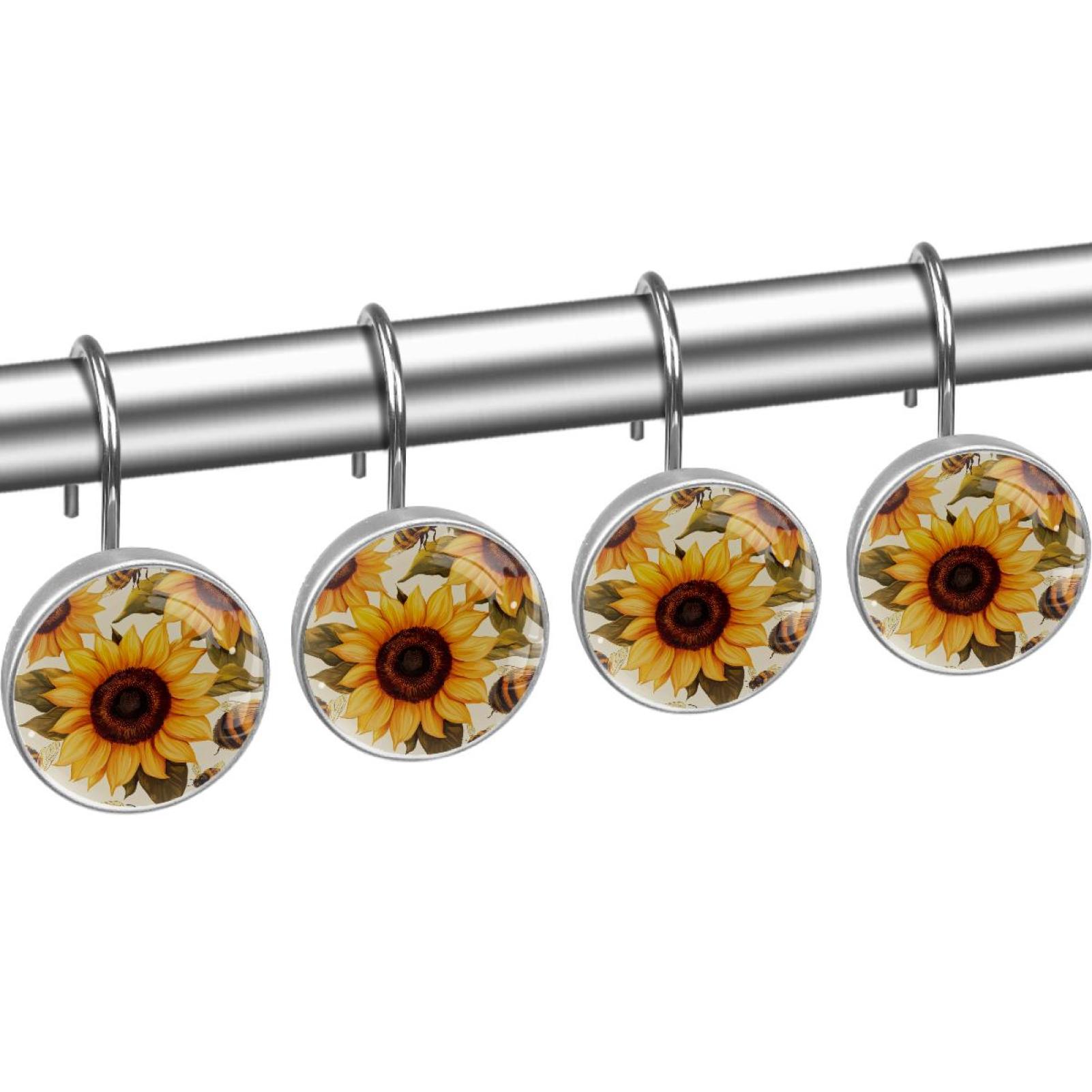 Honey Bees Sunflowers Shower Curtain Hooks Round Crystal Glass, Set of 12 Shower Curtain Rings - Shower Hooks for Curtain Shower Rings