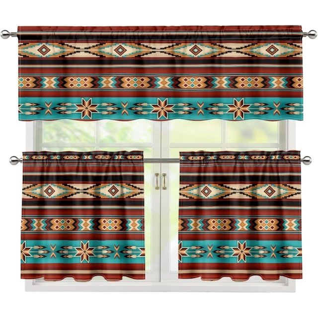 Aztec Tribal Kitchen Curtain Valance Set 3PCS Window Curtain Tiers and Valance Set Farmhouse Vintage Kitchen Tiers and Valance Set
