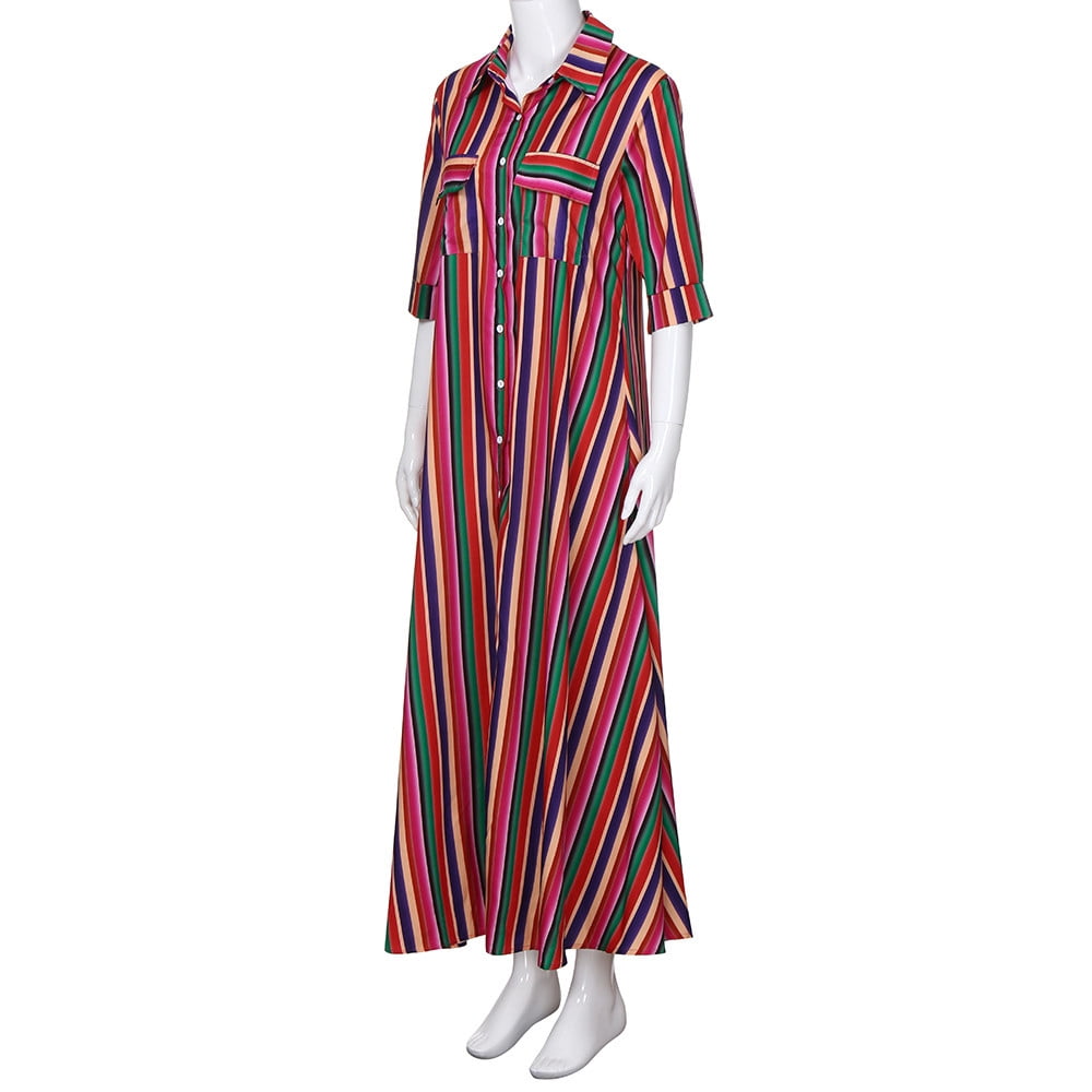 Female Half Sleeve Striped Multicolor Loose Button Bohe Beach Robe