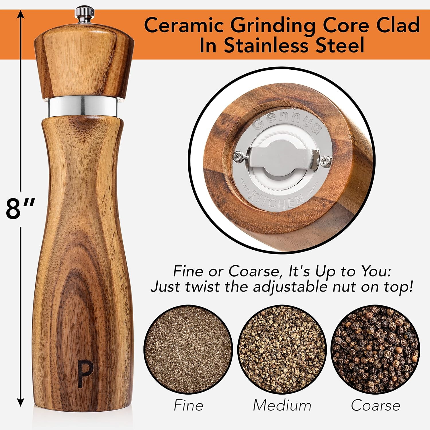 Haomacro Kitchen Wooden Salt and Pepper Grinder Set: Refillable Salt & Pepper Mills Adjust for Customized Coarseness, Crafted of Solid Acacia Wood with Ceramic/Stainless Steel Core, 8 Inches 2 Pack
