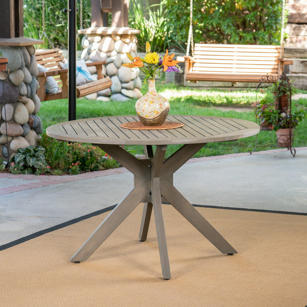Jaxson Outdoor Round Acacia Wood Dining Table With X Base, Gray