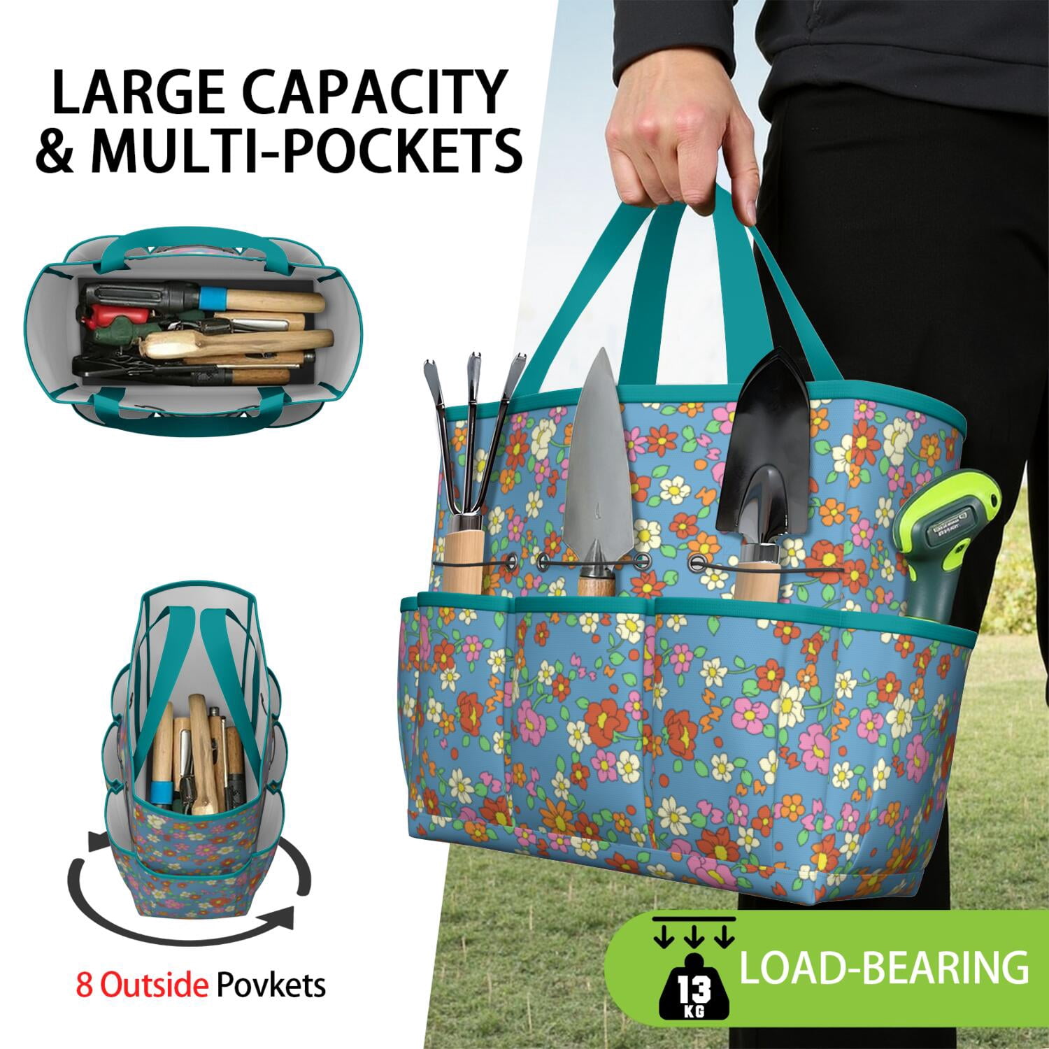 Bright Flowers Garden Tools Bag, Water-proof Oxford Garden Tote Home Organizer Gardening Tool Bag Kit Holder with 8 Pockets for Indoor and Outdoor Gardening(Tools Not Included)