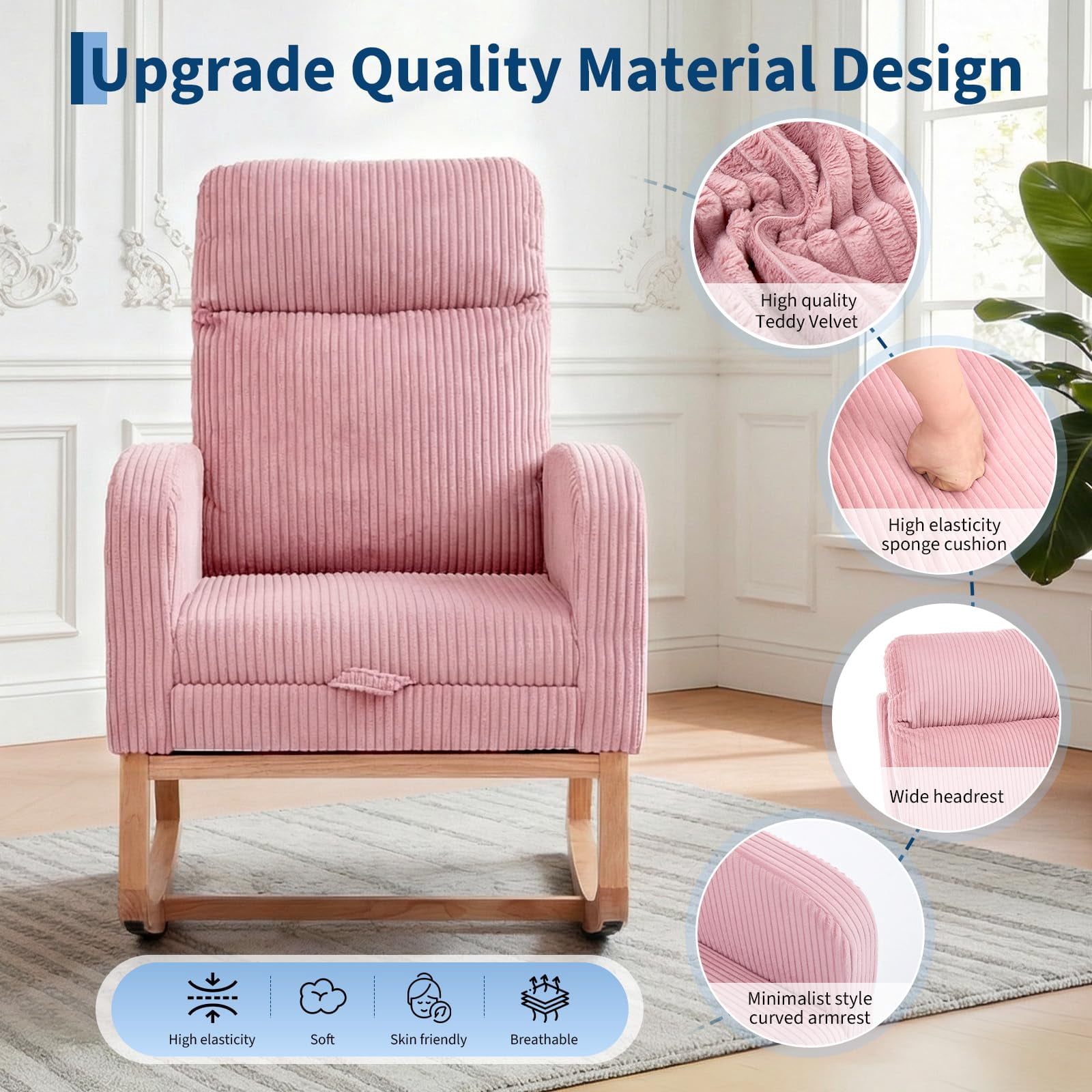 Kicctian Teddy Upholstered Rocking Chair with Extendable Footrest, Wooden Leg Rocking Armchair with Storage Side Pocket, Nursery Accent Seating for Living Room, Bedroom,Pink