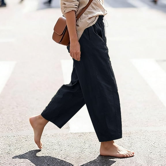 Women Cotton Linen Cropped Barrel Pants Drawstring Wide Leg Capris 2026 Casual Summer Boho Palazzo Trouser with Pockets Navy S