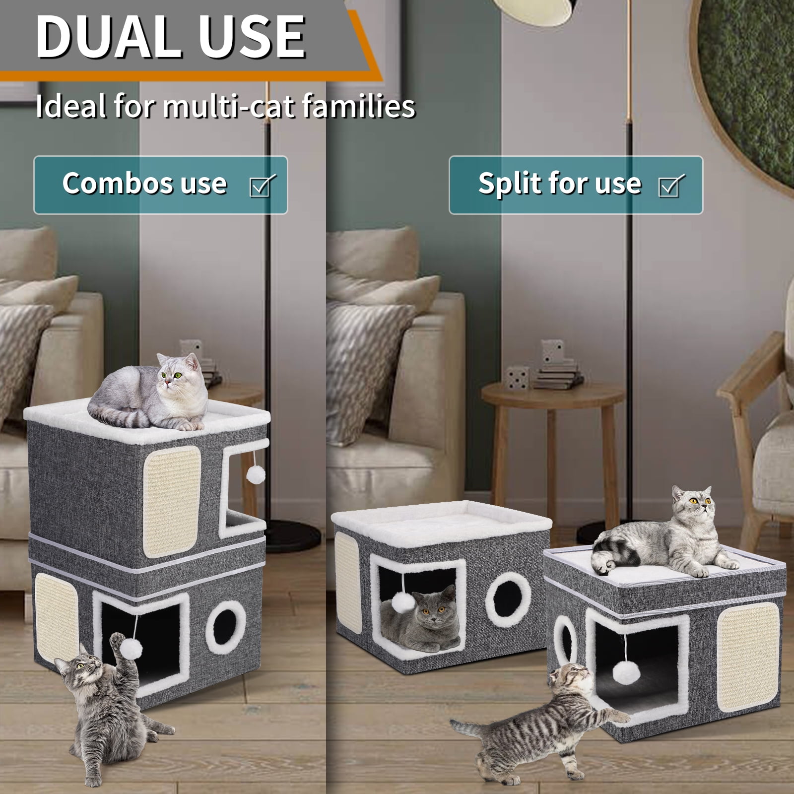 Cat Bed for Indoor Cats 2-Storey Cat House,Covered Cat Cave Beds&Furniture with Scratch Pad and Hideaway Condo