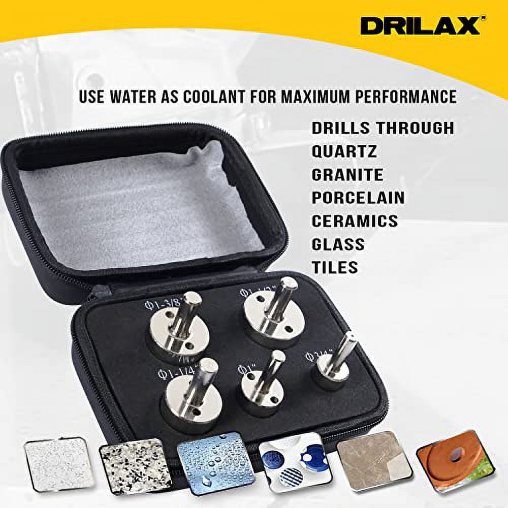 Drilax Diamond Drill Bit Hole Saw Extra Tall Long Drilling Quartz Granite Countertop Ceramic Porcelain Tile Glass 3/4, 1, 1 1/4, 1 3/8, 1 1/2 Inch 5 Pieces Set