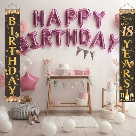Happy 18th Birthday Door Banner Porch Sign Black Gold, Cheers to 18 Years Birthday Party Decorations Supplies for Boys Girls