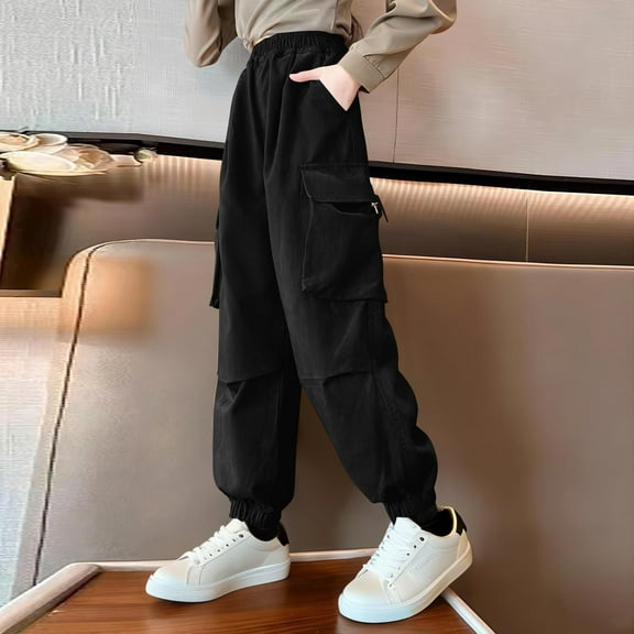 ATOGUTA Cargo Pants Teen Girls Size 5T-16 High Waisted Elastic Waist Lightweight Outdoor Jogger Pants Black