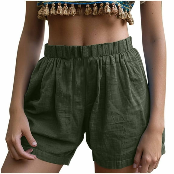 RYRJJ Womens Lightweight Cotton Linen Shorts Casual Baggy Trendy Short Pants Elastic Waist Comfy Beach Shorts(Army Green,L)