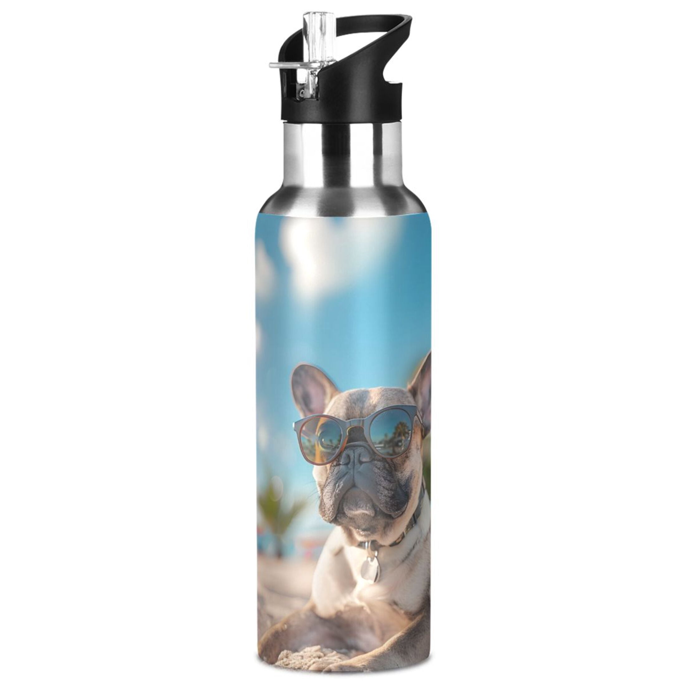 French Bulldog with Glasses Beach Sports Bottle with Straw Stainless Steel Water Jug Portable Thermal Cup Leak-proof 600ML