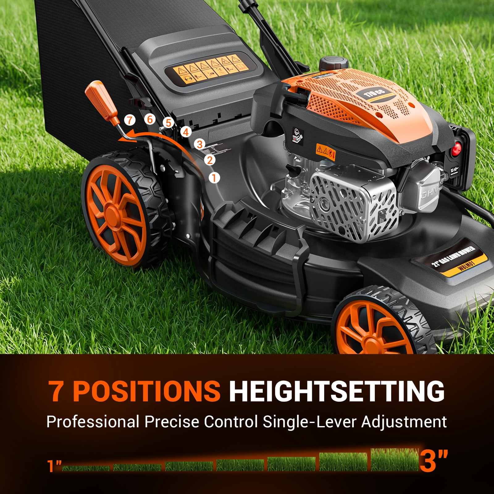 Efurden 21" 170cc Gas Self-Propelled Lawn Mower, 3-in-1, 7-Height Adjustment, 10" Rear Wheels, 17 gal Bag
