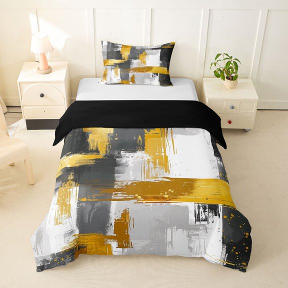 Homewish Gray Gold Stripes Twin Duvet Cover,Modern Geometric Artwork Twin Bedding,Black Reversible,2-Piece,1 Duvet Cover and 1 Pillowcase