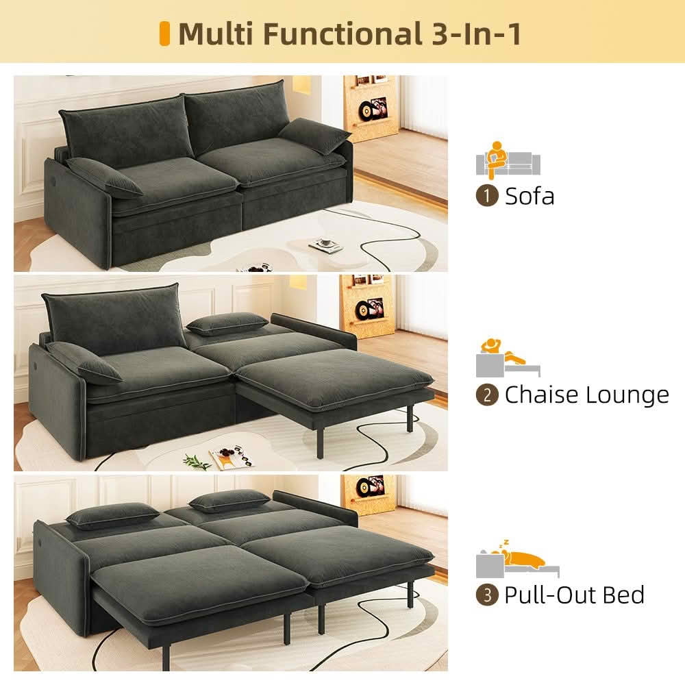 MAYEERTY 81.1" 4‑Seat Convertible Sleeper Sofa Bed, Cloud‑Like Chenille Couch with Storage, USB Port and 2‑in‑1 Pillows
