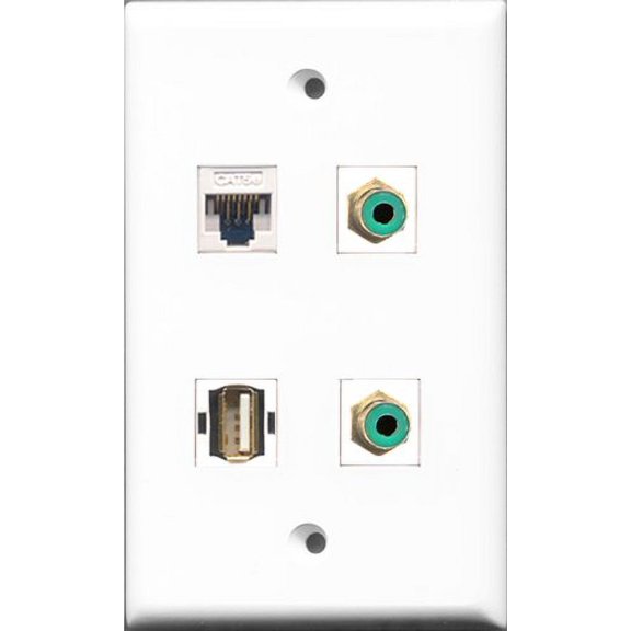 RiteAV - 2 Port RCA Green and 1 Port USB A-A and 1 Port Cat5e Ethernet White Wall Plate