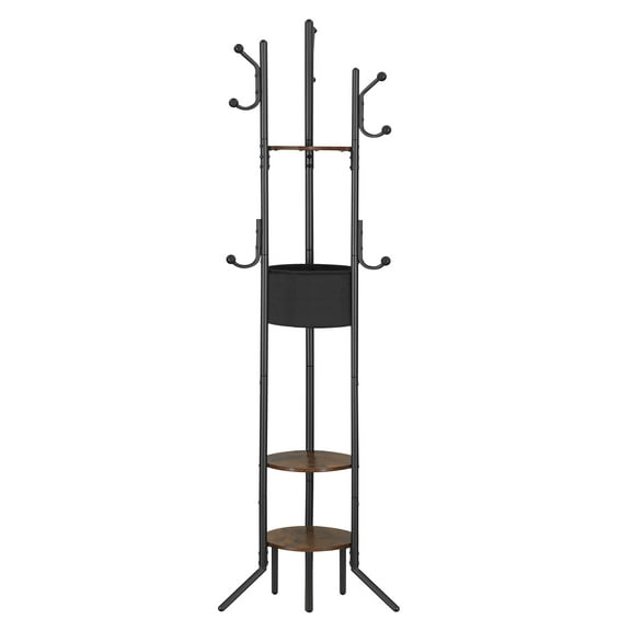HOOBRO Coat Rack Stand , Freestanding Coat Hanger Shelf with Fabric Basket, 6 Support Legs and 9 Hooks, for Clothes, Hat, Suitable for Hallway, Bedroom, Rustic Brown and Black BF45YM01