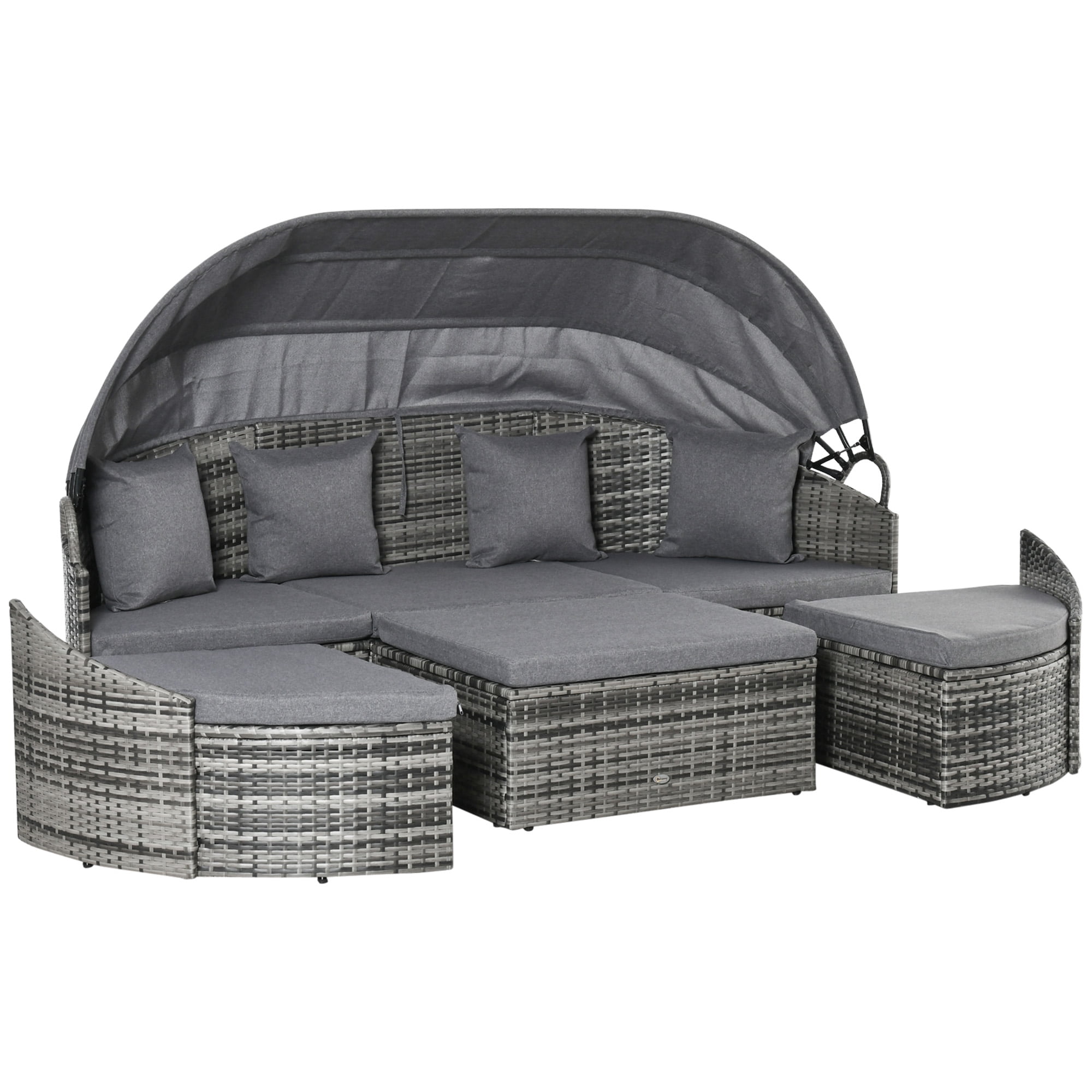 Outsunny 4 Pieces Patio PE Wicker Lounge Outdoor Rattan Conversation Furniture Set, Round Sofa Bed with Cannopy, Cushioned, and Pillows, Grey - Walmart.com