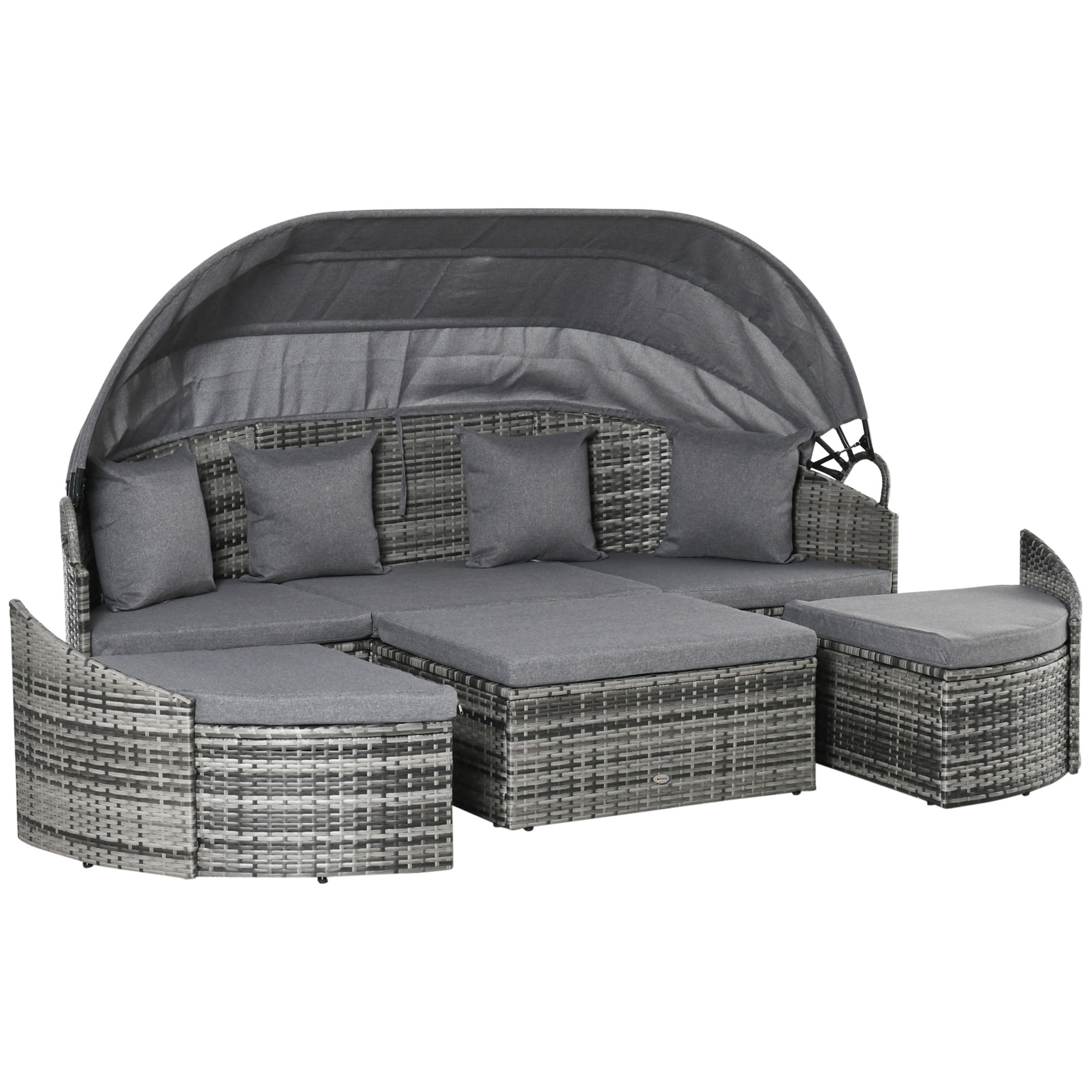 Communistisch efficiëntie Bemiddelen Outsunny 4 Pieces Patio PE Wicker Lounge Set, Outdoor Rattan Garden  Conversation Furniture Set, Round Sofa Bed with Cannopy, Cushioned, and  Pillows, Grey - Walmart.com