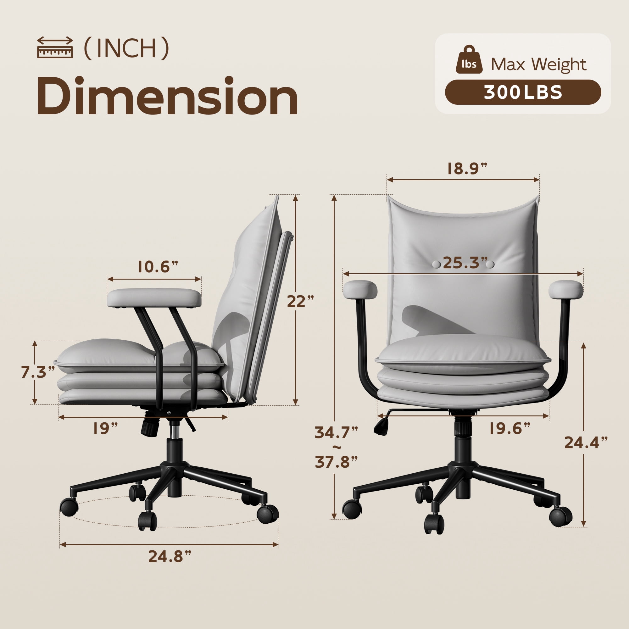 iooHug Ergonomic Gray Office Chair, PU Leather Desk Chair with Thick Cushioned Seat, Mid Back Swivel Office Chair for Home Office & Study, Adjustable Height, 300 LBS