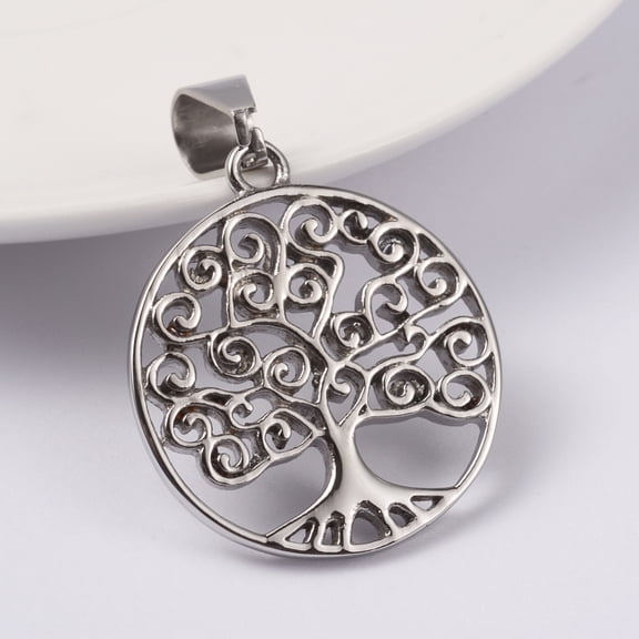 316 Surgical Stainless Steel Pendants Tree of Life Stainless Steel color 35x31x3mm Hole: 7x12mm