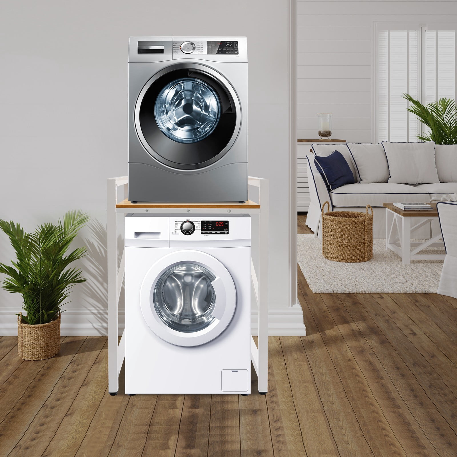 White+Yellow Freestanding Washer Dryer Stacking Rack Stand Adjustable Washer&Dryer Stacking Rack with Top Guardrail