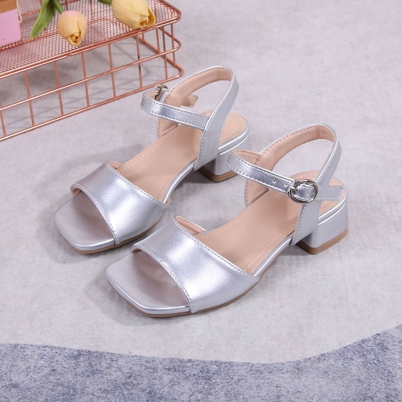 FSYBOA Girls Sandals, Non-Slip Open Toe Low Heels Casual Kids Summer Shoes Silver Size 12(Little Kids)