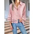 thumbnail image 2 of Womens 3/4 Bell Sleeve Button Down Shirts Casual Ruffle Hem Tops Eyelet Blouse Pink L, 2 of 6
