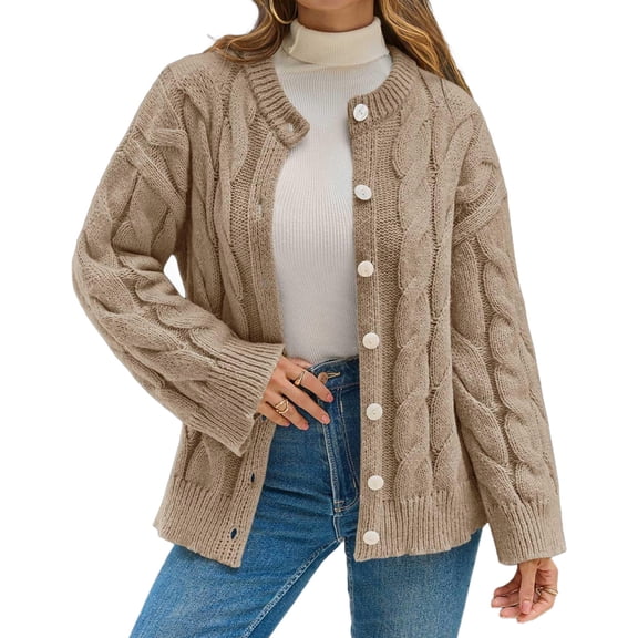 Long Sleeve Button Down Women Solid Casual Cable Knit Cardigan Coat