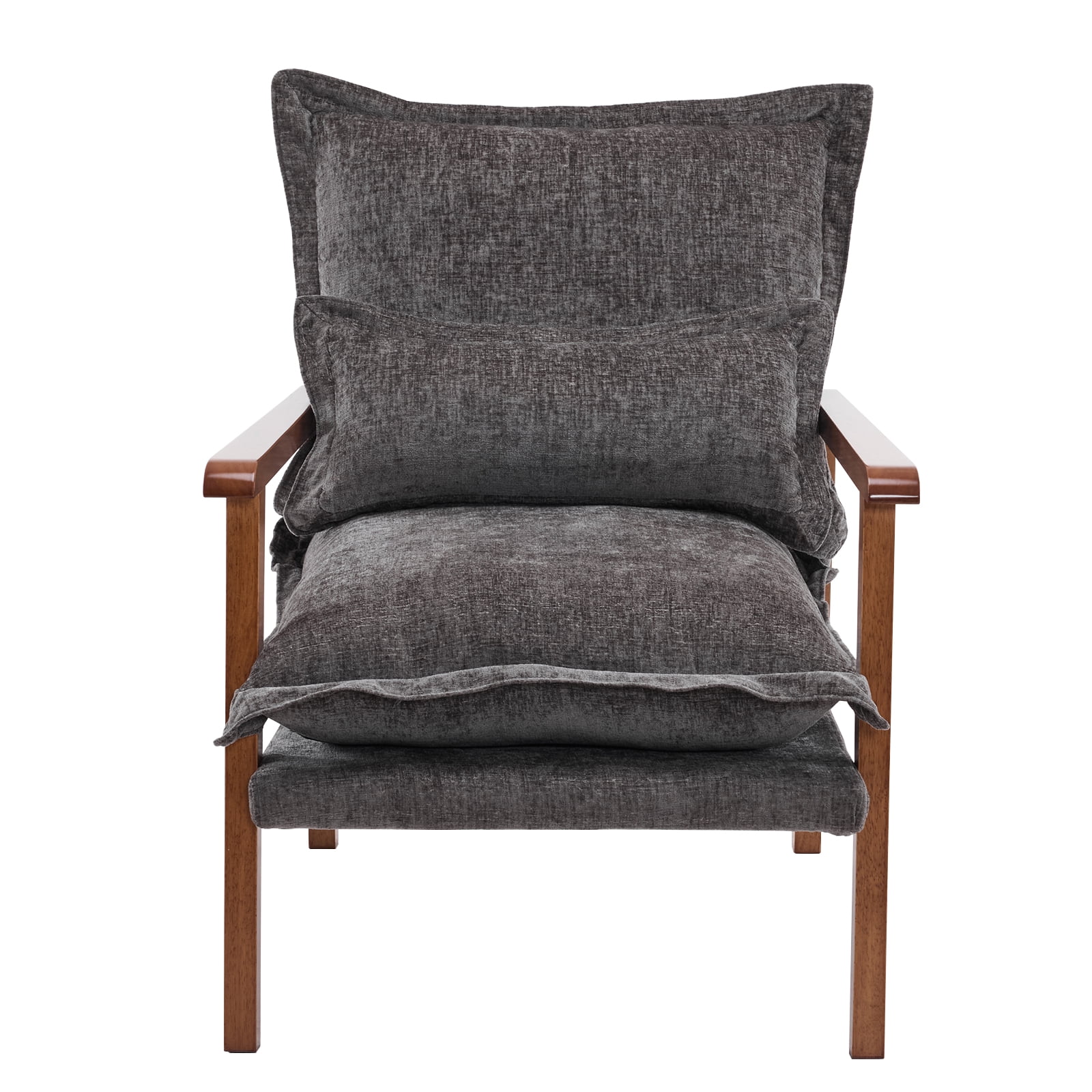 Cloud Shaped Indoor Leisure Chair with Solid Wood Armrest & Frame, Chenille Fabric Accent Chair with Lumbar Pillow, Dark Grey
