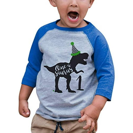 

7 ate 9 Apparel Kid s One Dinosaur Birthday Blue Raglan Tee