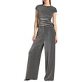 thumbnail image 2 of Women 2 Piece Sets Summer Striped Outfits Matching Short Sleeves Top Wide Leg Lounge Pants Travel Black S, 2 of 9