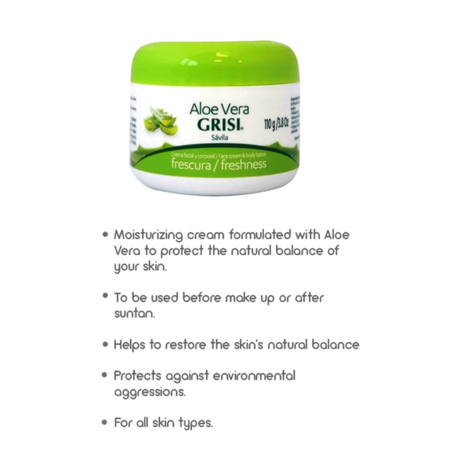 (4 pack) Grisi Aloe Vera Face Cream Moisturizer for All Skin Types, Soothing and Regenerating, 3.8 oz Jar