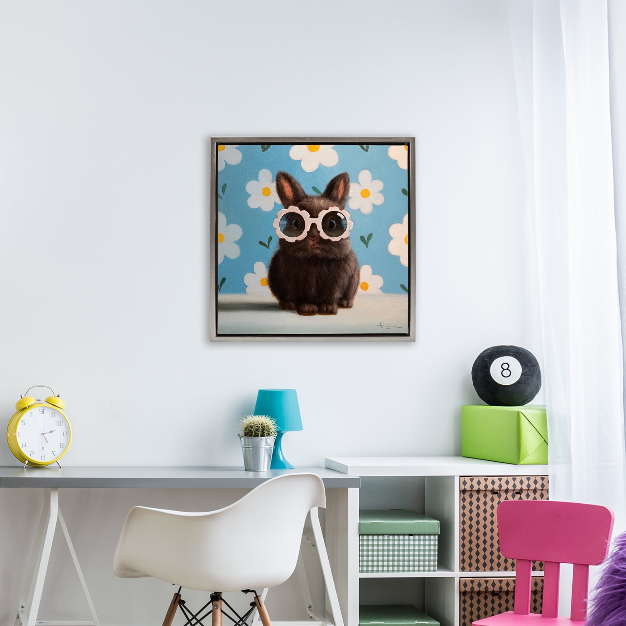 Flower Child Bunny Gray Framed Floater Canvas Wall Art, design by Lucia Heffernan