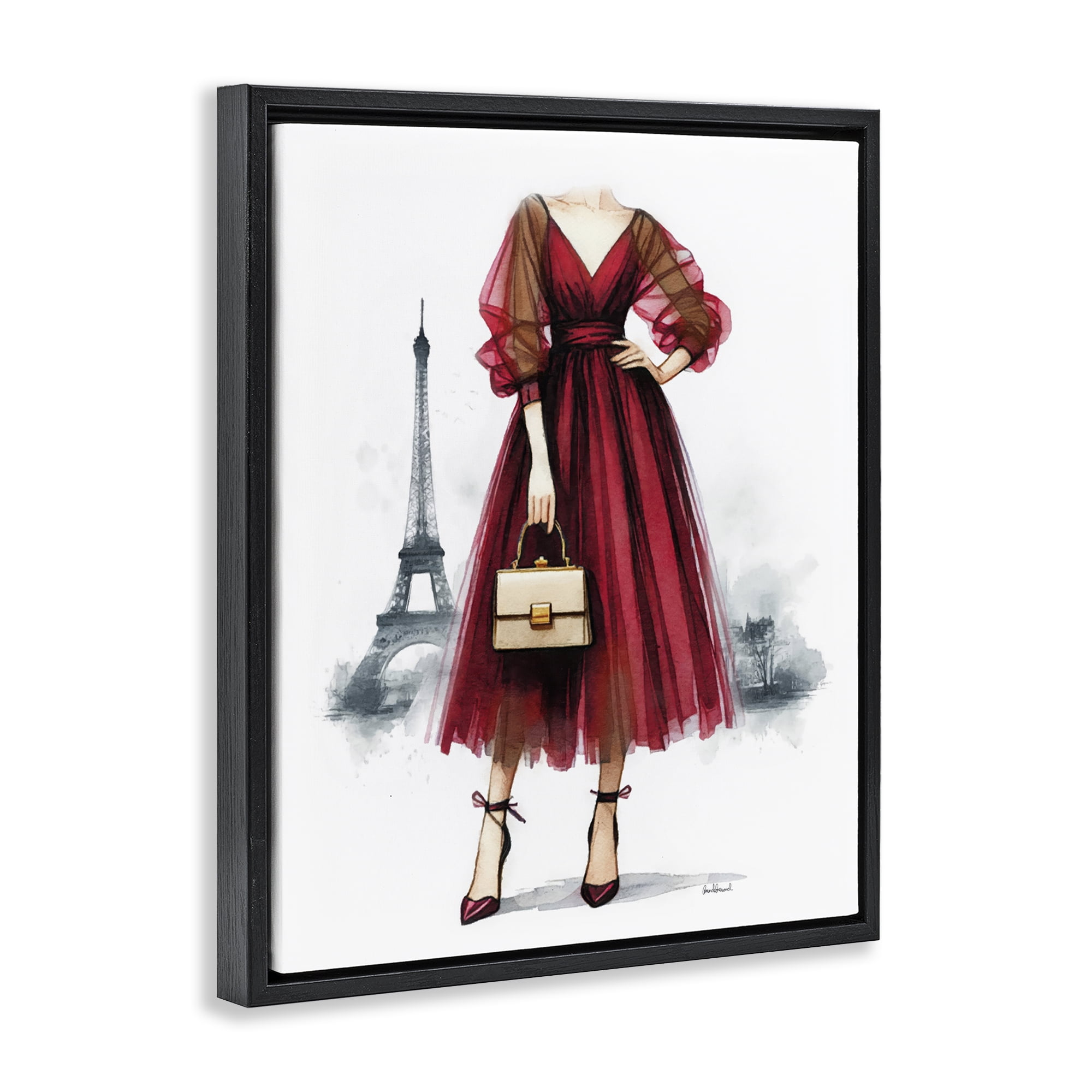 Stupell Industries Parisian Fashion Red Dress Fashion Painting Black Floater Framed Canvas Art Print Wall Art, 17 x 21