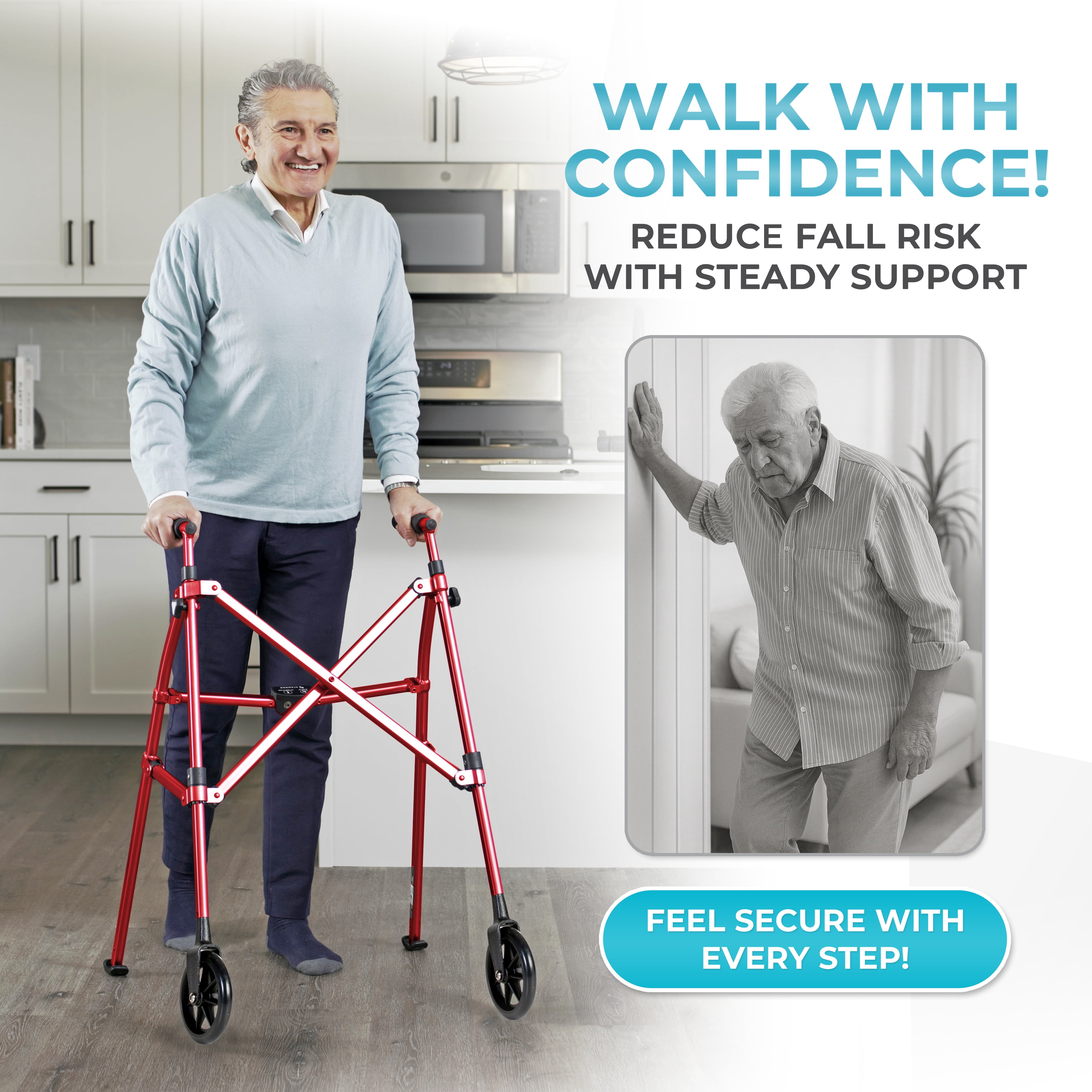 Stander Space Saver Walker, Lightweight Folding Walker for Seniors, Adult Walker with Wheels, Two Wheeled Rolling Walker with Rear Ski Glides, Sport Red