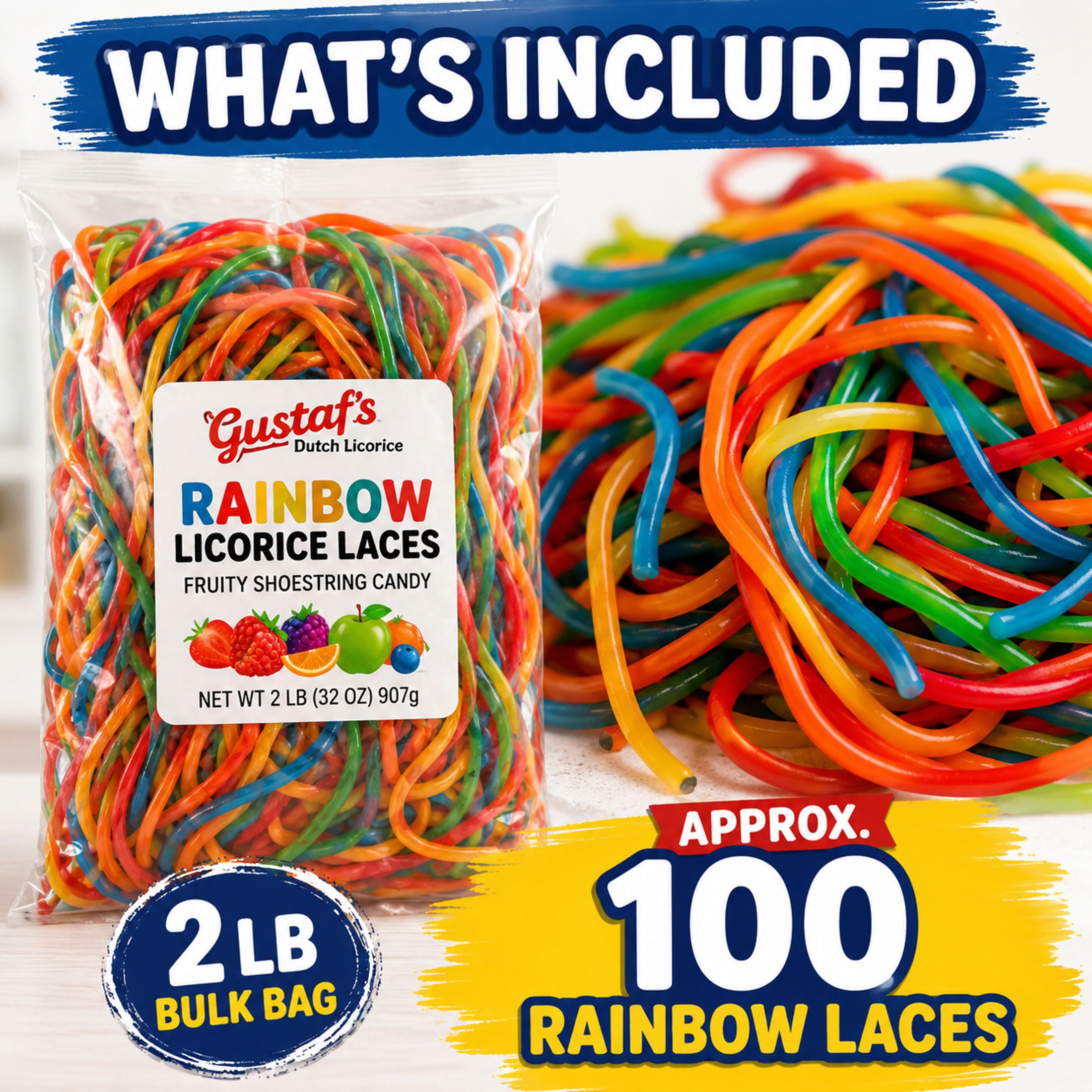 Gustaf's Rainbow Licorice Laces Candy 2 lb Bag Multi-Flavored Strawberry Apple Blue Raspberry Tutti Frutti