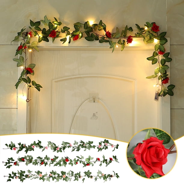 Xihbxyly Guirnalda de Rosas de Seda con Diseño de Hojas Primaverales, Pvc Suave, Decoración Versátil para El Hogar, Fiestas, Bodas y Ceremonias, 180 Cm de Largo, con Luces.