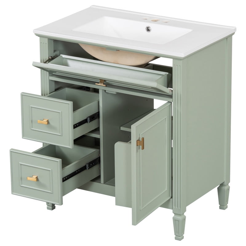Bellemave 30" Bathroom Vanity with Ceramic Sink, Vanity Cabinet with One Flip Drawer and Two Drawers, Wooden Vanity with Sink Combo Set With Adjustable Shelf, Wooden Storage Cabinet (Gray）