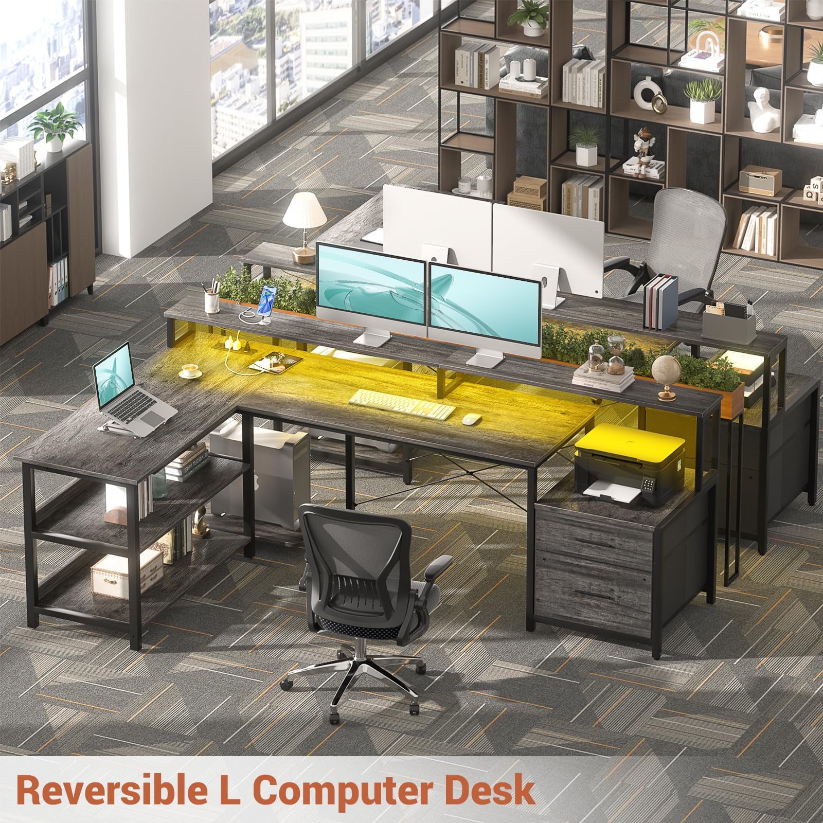 Homieasy 72.8" L Shaped Desk with File Drawer, Reversible Computer Desk with Power Outlet, LED Strip, Monitor Stand & Storage Shelf - Ideal for Gaming & Office, Black Oak