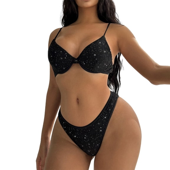 Women Sequins Triangle Bikinis Sparkling Swimsuit Wire Bikinis Top and Bottom