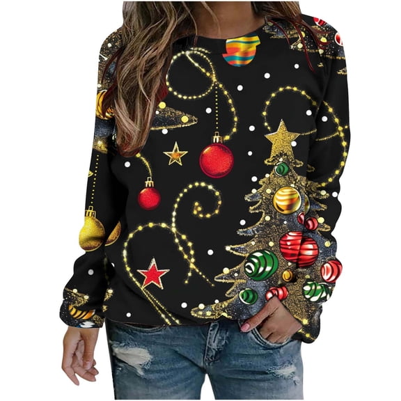 bnaln Christmas Sweatshirts for Women Funny Christmas Tree Snowflake Graphic Long Sleeve Shirts Xmas Jumpers Cute Tops Fall Winter Casual Party Tshirt Holiday Pullover Tops Blouse