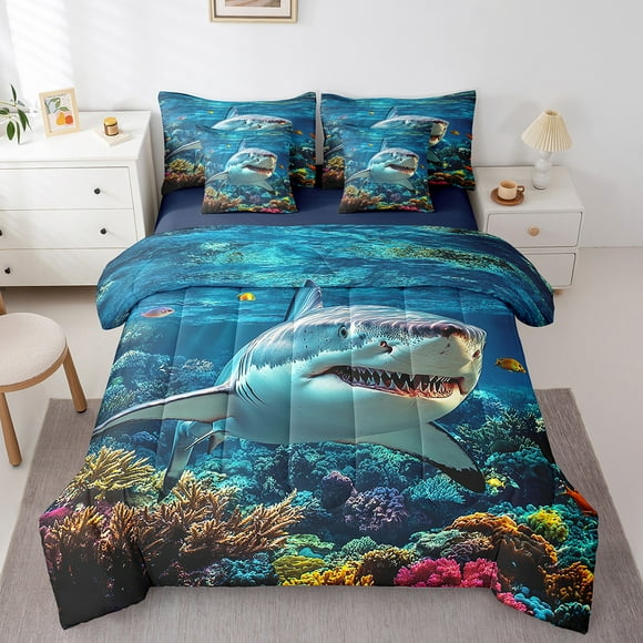 Erosebridal 3D Shark Bedding King Size, Ocean Sealife Bed Set, Colorful Coral Reversible Bed in a Bag King size, Breathable Room Decor, 7-Piece