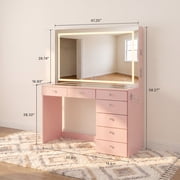 Boahaus Aria Vanity Desk with Mirror and Lights – 7 Drawer Makeup Vanity Table with Storage, Power Outlet and Speakers
