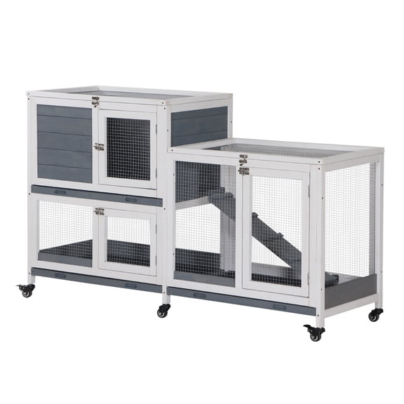 Wooden Rabbit Hutch Bunny Hutch Elevated Pet House Cage Small Animal Habitat with No Leak Tray Lockable Door Openable Top for Indoor 57.75" x 18" x 32.5" Grey