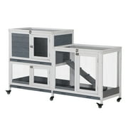 Wooden Rabbit Hutch Bunny Hutch Elevated Pet House Cage Small Animal Habitat with No Leak Tray Lockable Door Openable Top for Indoor 57.75" x 18" x 32.5" Grey