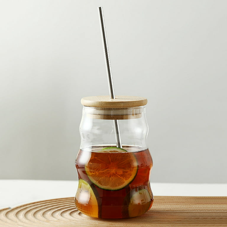 Drinking Glasses with Bamboo Lids and Glass Straw 16.9oz Waved