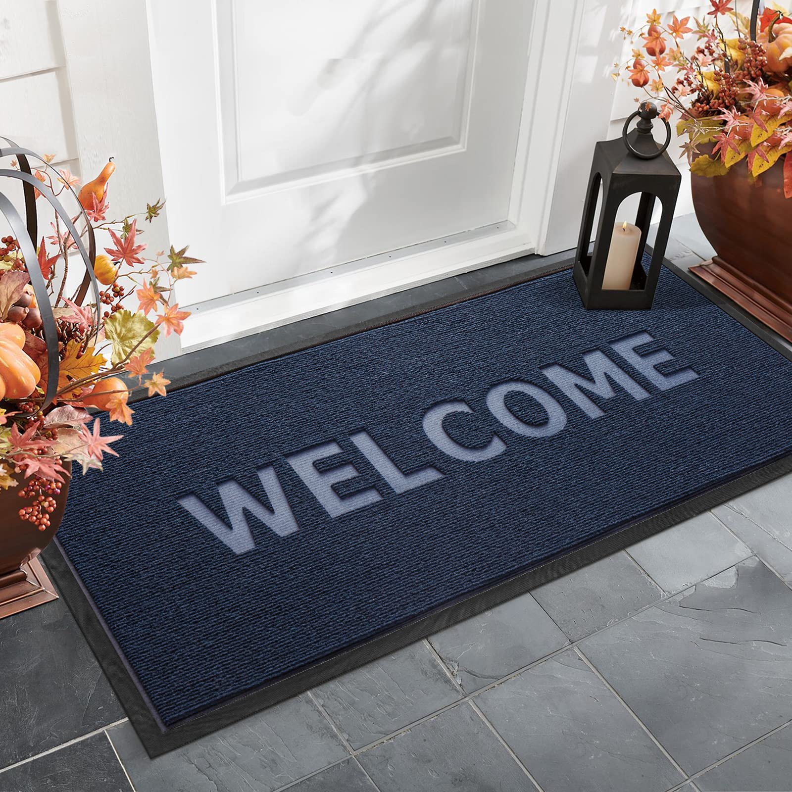 DEXI Large Front Door Mat Indoor Outdoor Doormat, 59x35, Squares Grey