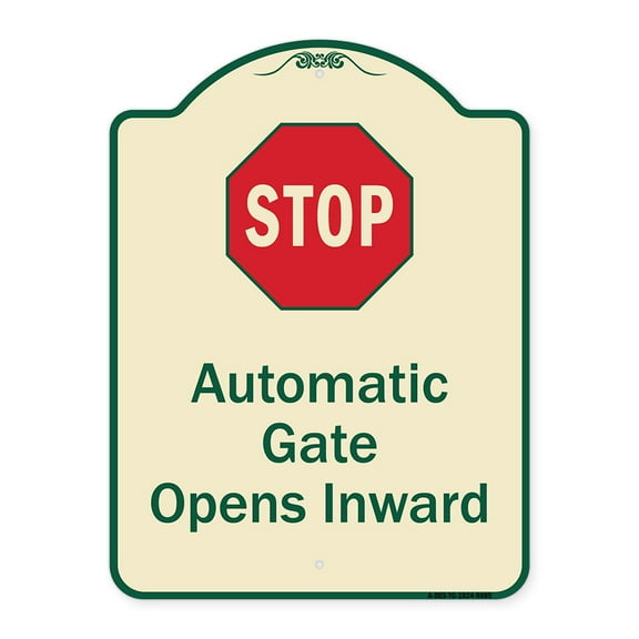 SignMission A-DES-TG-1824-9885 18 x 24 in. Designer Series Sign - Stop Automatic Gate Opens Inward with Symbol, Tan & Green
