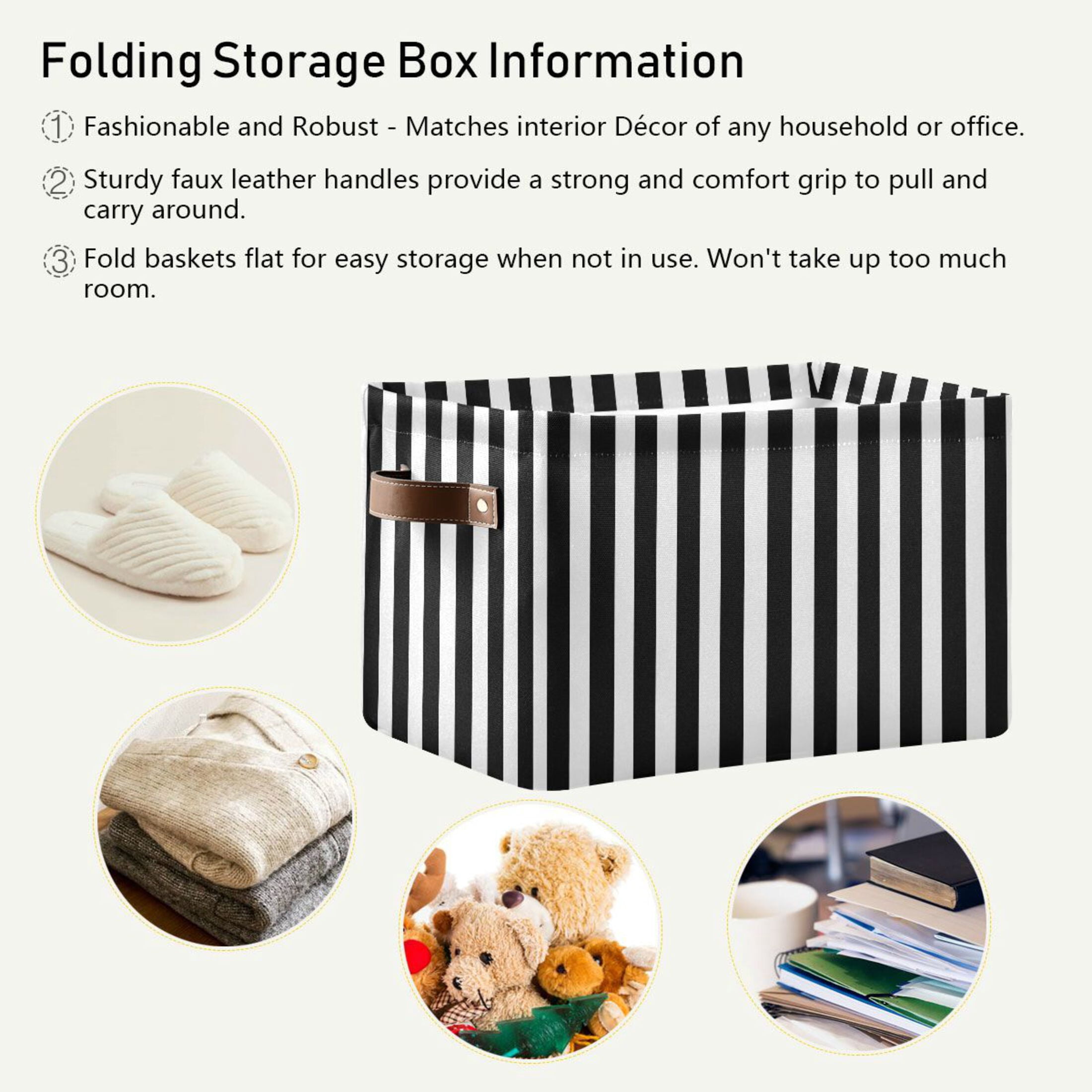 2 Pack Storage Bins with Handle Fabric Organizer Basket Foldable Box Black and White Striped 14.2x10.2x8.3