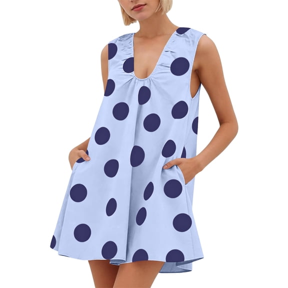 Women's Vintage Polka Dot Mini Dress Sleeveless V Neck Pleated Loose Fit A-Line Shift Dress with Pockets Casual Summer Beach Tunic Flattering Boho Style Lightweight Apparel